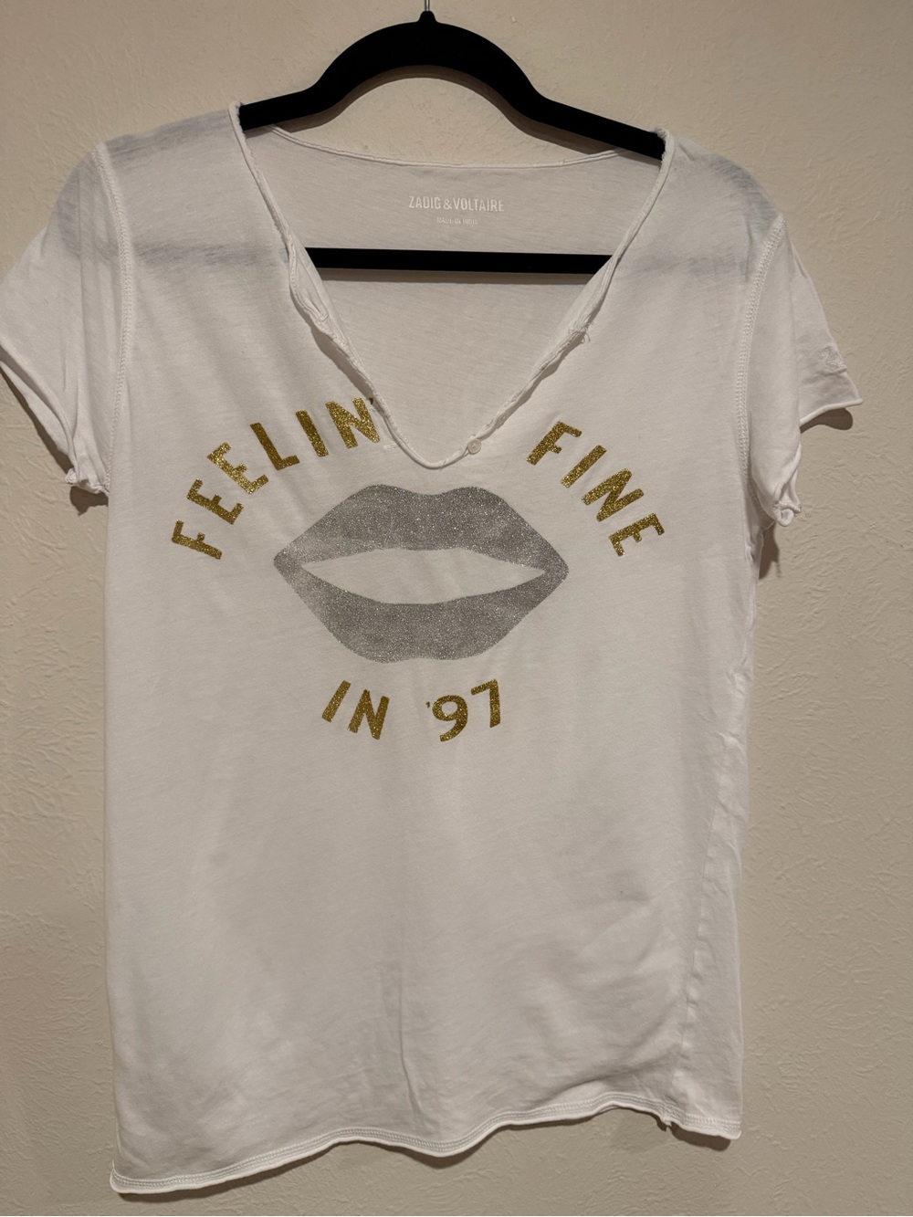 Zadig & Voltaire White V-Neck Tee with Gold & Silver Graphic - Picture 2 of 5